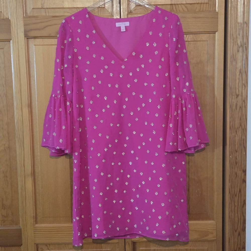 Lilly Pulitzer Caroline Dress Starry Silk Chiffon Size 4 Hot Pink